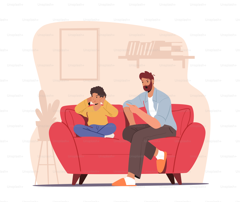 Angry Dad Character Sit on Couch Scold Son Closing Ears with Hands. Offended Stubborn Boy Child Ignore Listening to Mad Father Talking, Dispute or Quarrel at Home. Cartoon People Vector Illustration