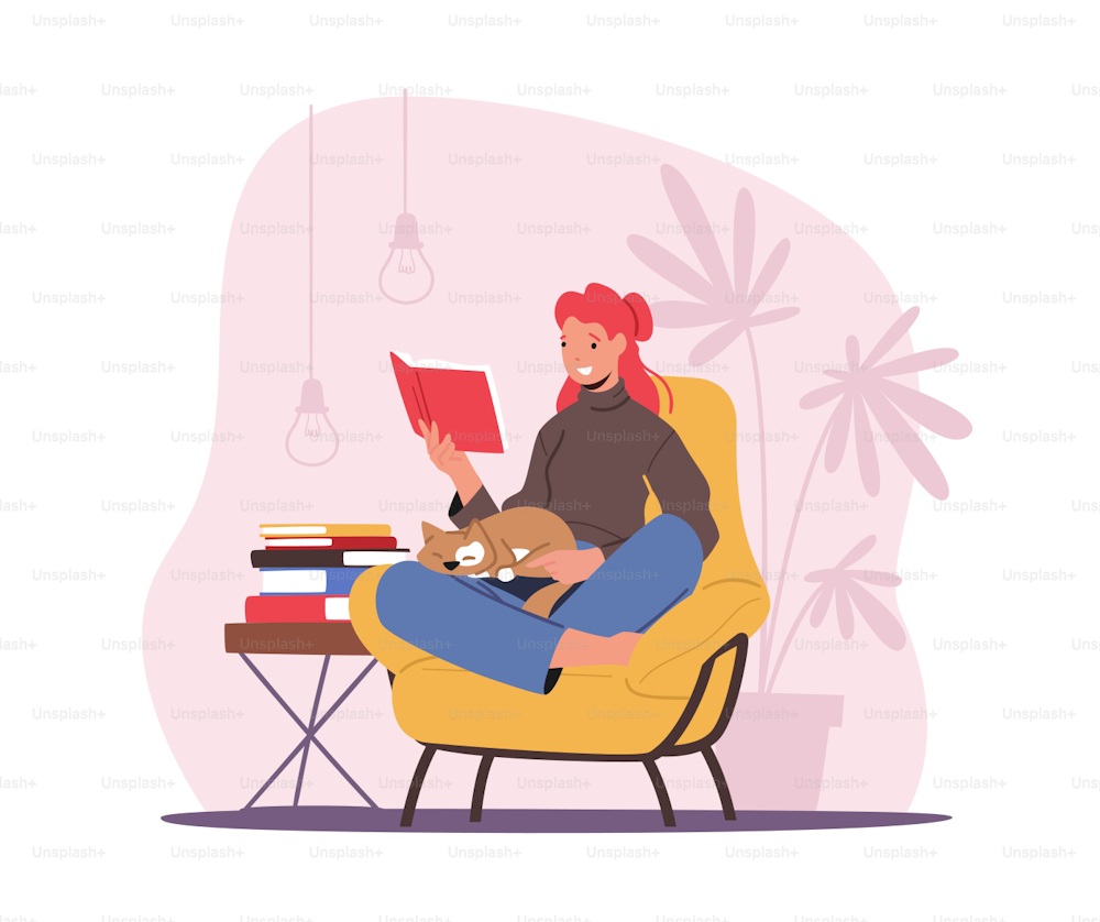 Bildung, Lesehobby-Konzept. Entspannter Frauencharakter, der in einem bequemen Sessel sitzt, mit Katze auf Knien Buch lesen. Die Schülerin bereitet sich auf die Prüfung vor, das Mädchen erwirbt Wissen. Cartoon-Vektor-Illustration