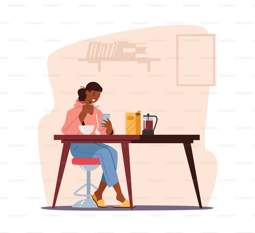 Young Woman or Teenager Having Breakfast with Smartphone in Hands, Girl Looking on Phone Screen Writing Messages in Internet. Gadget Addiction, Cellphone Communication. Cartoon Vector Illustration