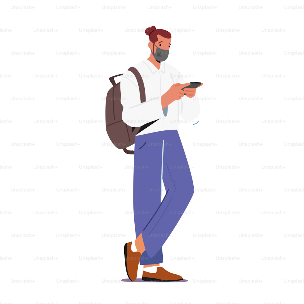 Tourist Male Character in Mask Hold Smartphone and Backpack Waiting Plane Registration or Airplane Boarding in Airport Terminal Area during Covid. Man on Vacation, Trip. Cartoon Vector Illustration