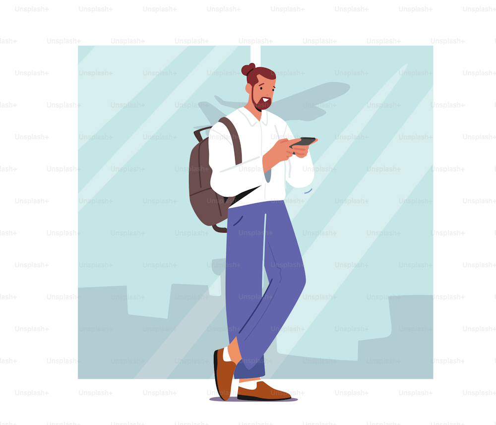 Young Male Character Hold Smartphone and Luggage Backpack Waiting Plane Registration or Airplane Boarding in Airport Terminal Area. Man on Summertime Vacation, Air Trip. Cartoon Vector Illustration