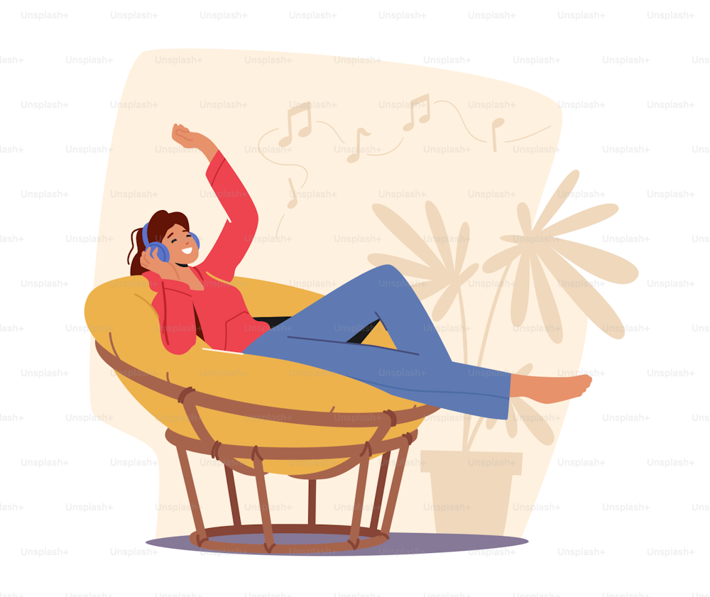 Young Woman Listen Music in Headphones, Relax at Home on Armchair . Female Character Wearing Earphones Enjoying Sound Composition, Relaxing Sparetime, Leisure Concept. Cartoon Vector Illustration