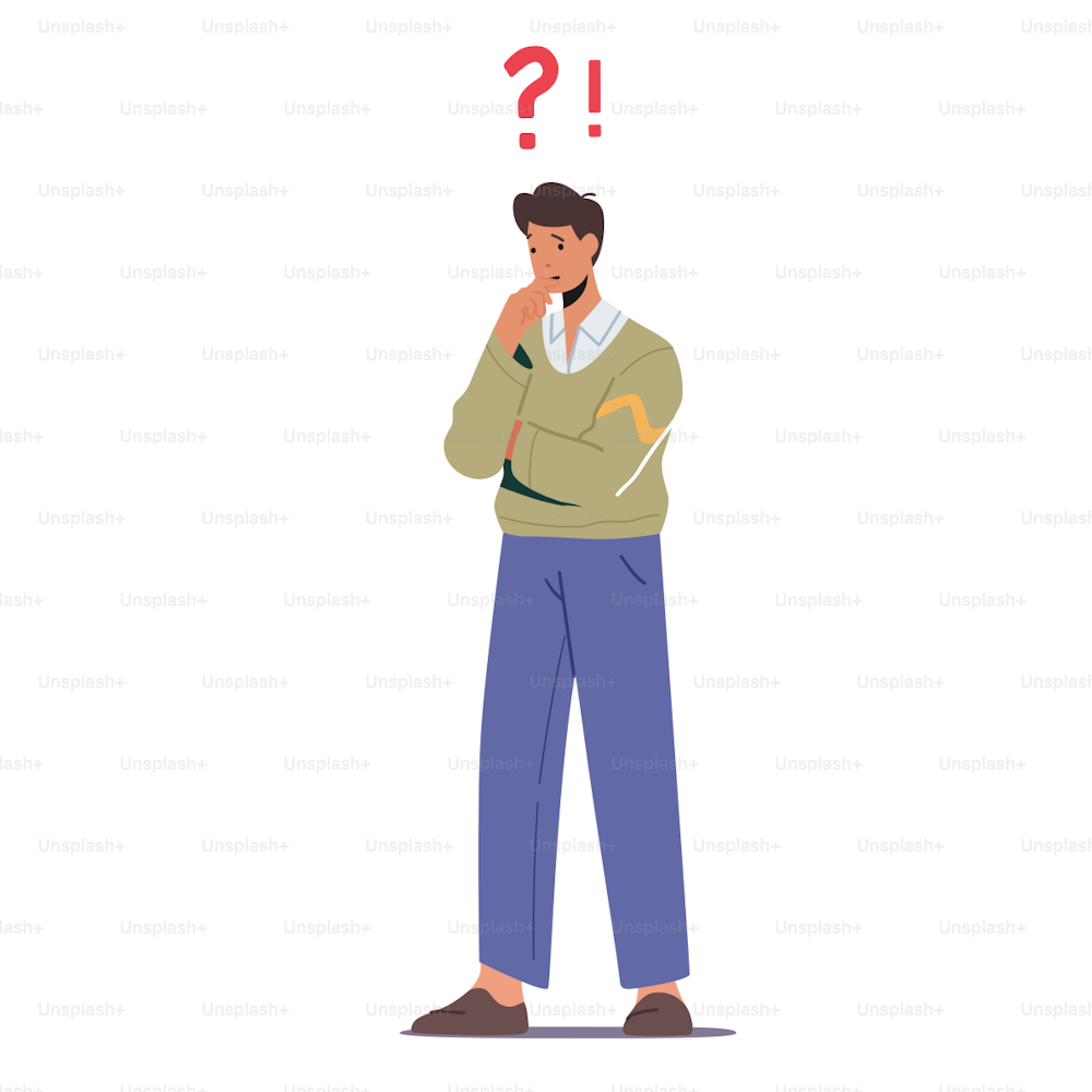 Thoughtful Serious Business Man Stand with Question Mark above Head Thinking. Male Character Searching Solution, Decision for Difficult Answer. Faq Service, Solve Problem. Cartoon Vector Illustration