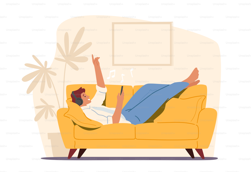 Personaggio maschile rilassato in cuffia che ascolta musica sull'applicazione per smartphone sdraiato sul divano. Uomo in posa rilassante godendo la vita, piacere emotivo, tempo libero, vita felice. Illustrazione vettoriale del fumetto