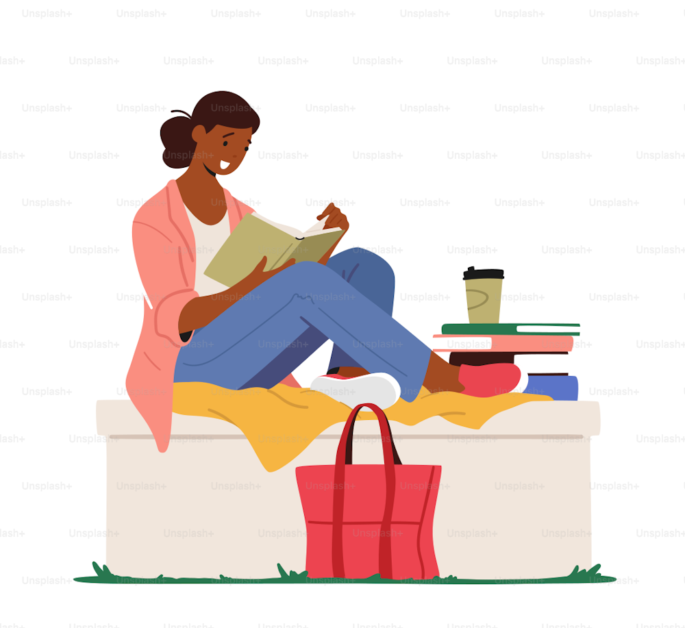 Education, Reading Hobby Concept. Woman Character Sitting on Parapet with Fashioned Bag beneath Read Book. College or University Student Prepare to Exam, Gaining Knowledge. Cartoon Vector Illustration