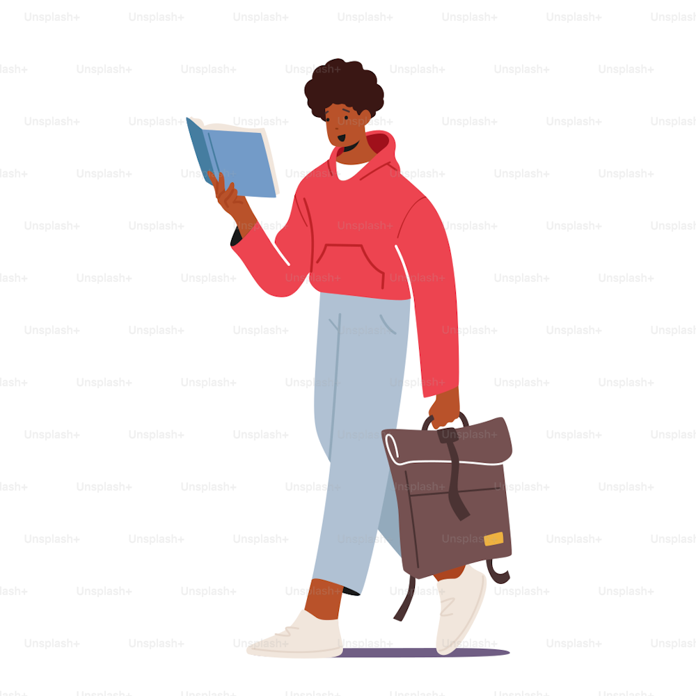 Young Man Student Character with Bag in Hand Reading Book. College or University Education, Prepare to Exam, Male Character with Fashioned Accessory Get Knowledge. Cartoon People Vector Illustration