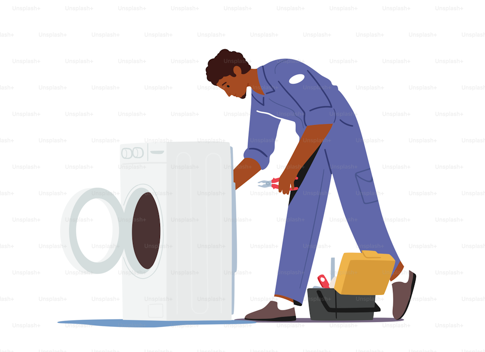 Plumber, Husband for an Hour Repair Service. Male Character in Uniform Work with Instruments Fixing Broken Washing Machine at Home. Call Master Work with Damaged Technics. Cartoon Vector Illustration