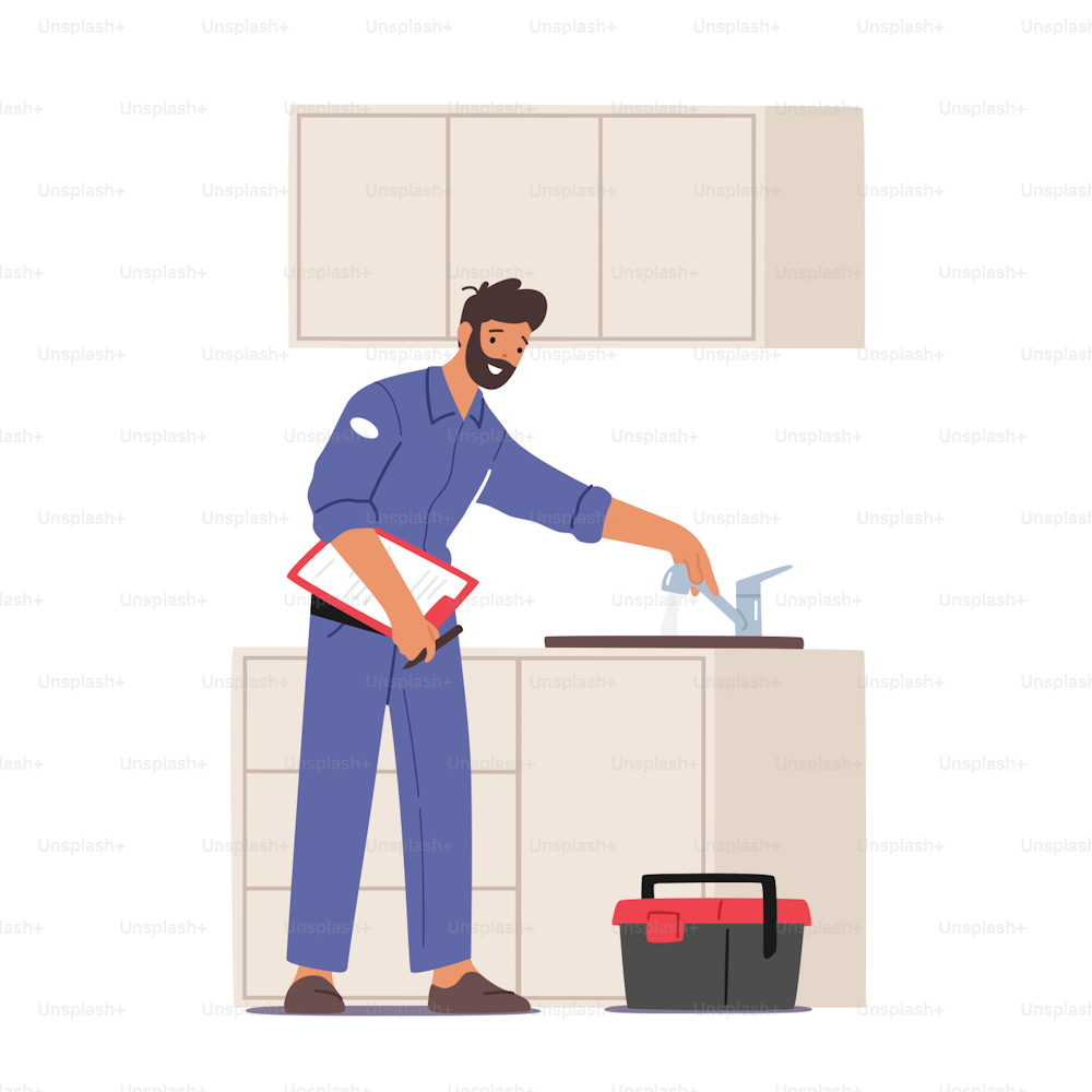 Plumber Working Concept. Handyman Character in Blue Overalls Fixing Broken Sink at Home Kitchen. Husband for an Hour Repair Service, Call Master Fix Sanitary Plumbing Work. Cartoon Vector Illustration