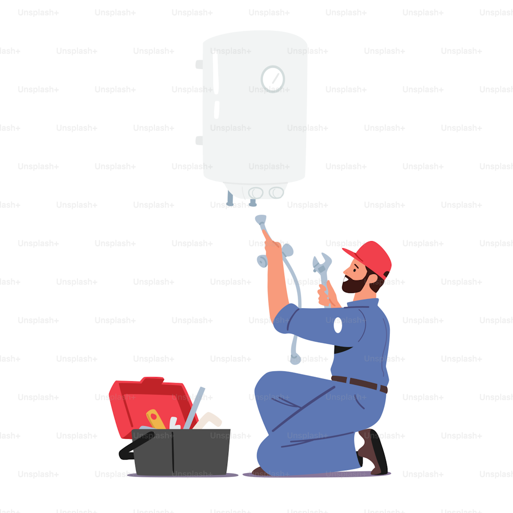 Call Master Character in Robe with Toolbox Install Boiler or Heater. Husband for an Hour Repair Service, Worker with Wrench Fixing Broken Technics at Home. Plumber at Work. Cartoon Vector Illustration