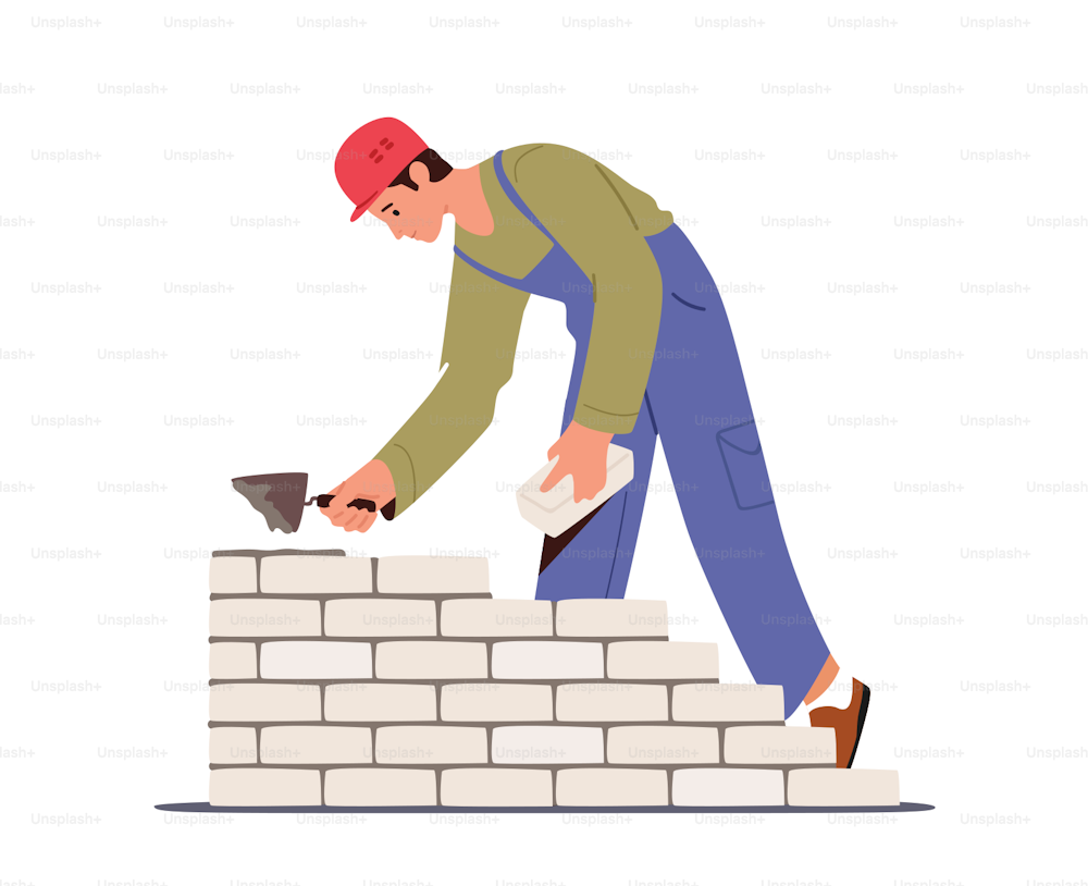 Builder Male Character Wearing Helmet and Uniform Holding Trowel Put Concrete for Laying Brick Wall House Building Work, Brickwork. Man Engineer at Construction Site. Cartoon Vector Illustration