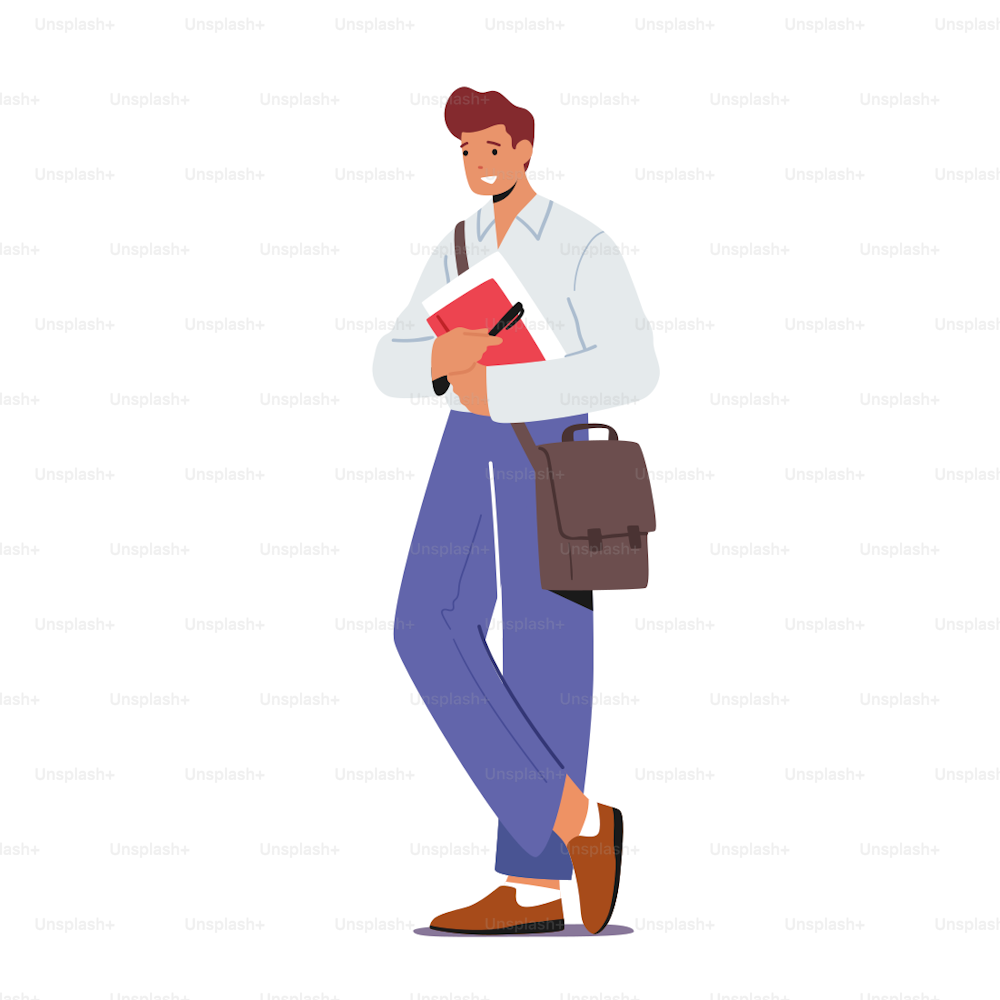 Young Man Student Character with Bag on Shoulder Holding Book. Male Character Gaining Education Knowledge Concept. Learning in University or College, Fashioned Accessory. Cartoon Vector Illustration