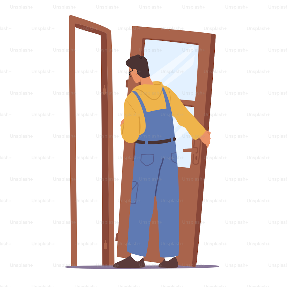家の修理マスターの男性キャラクターがアパートに新しいドアを設置しました。建設サービス、機器ツールを使用した作業ローブのエンジニア。大工の修理工、ビルダーの仕事。漫画のベクターイラスト