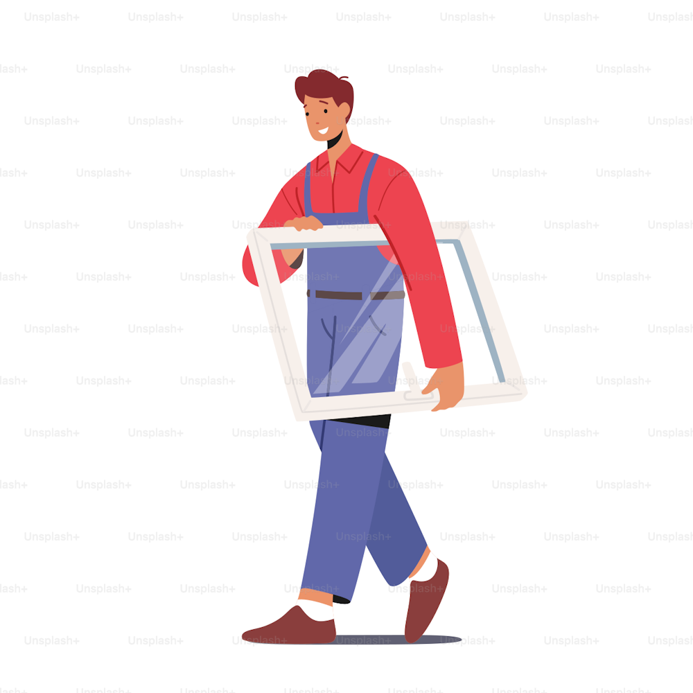 Worker in Overalls Carry Glass in Frame for Installing Plastic Window in Apartments. Contractor Male Character Construction Working, Home Renovation, Maintenance Process. Cartoon Vector Illustration