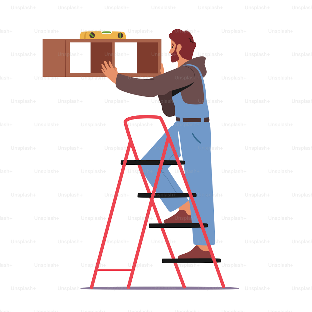 Furniture Assembly Service. Carpenter Worker Character with Tools and Level Assembling Home Furniture Hanging Shelves on Wall with Construction Instruments in Toolbox. Cartoon Vector Illustration