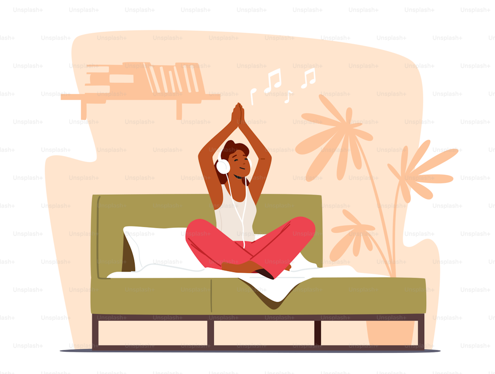 Donna tranquilla che medita seduta in posizione di loto con le mani sopra la testa e le cuffie sul letto. Pratica yoga mattutina, stile di vita sano, rilassamento equilibrio emotivo, armonia. Illustrazione vettoriale del fumetto