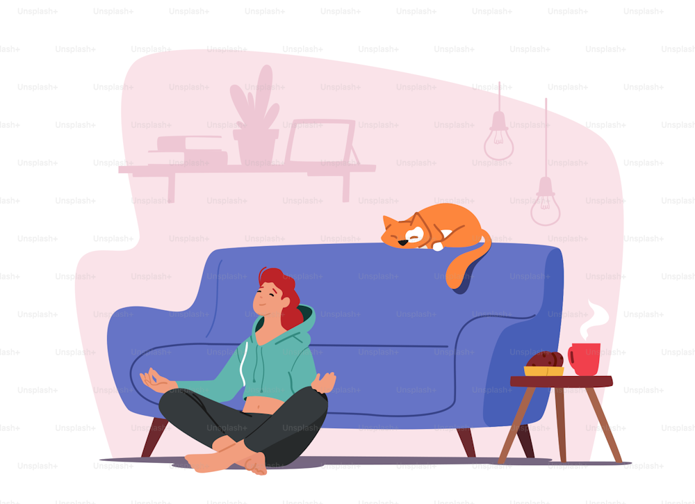 Healthy Lifestyle, Relaxation Emotional Balance. Tranquil Woman Meditating at Home. Female Character Sit in Lotus Posture with Hands on Knees on Floor near Sofa with Cat. Cartoon Vector Illustration