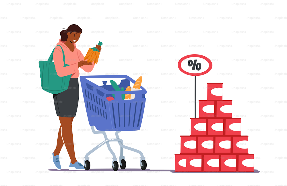 Customer Character in Grocery or Supermarket with Goods in Shopping Trolley Holding Bunch of Carrot in Hand. Woman Visiting Store for Products Purchases. Sale, Consumerism. Cartoon Vector Illustration