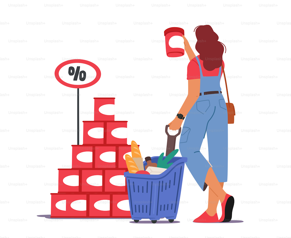 Woman Customer with Shopping Cart in Grocery or Supermarket Buying Food. Female Character Visiting Store for Products Purchase Stand front of Tin Cans Stack Choose Product. Cartoon Vector Illustration