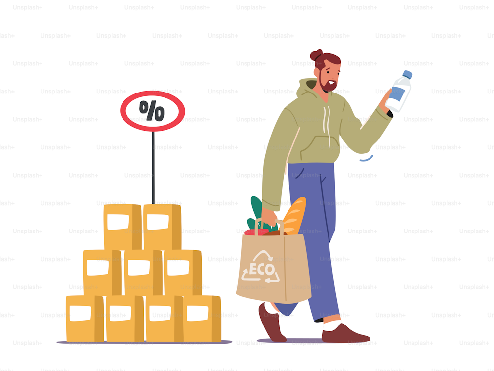 Customer Male Character with Eco Bag in Hands Visiting Grocery or Supermarket for Buying Goods. Man Holding Paper Package with Food, Purchase Products in Market Store. Cartoon Vector Illustration