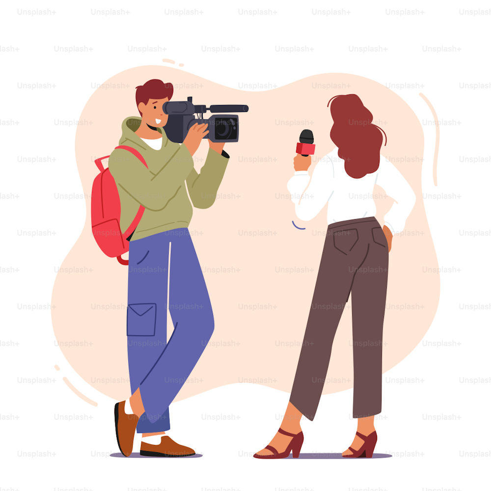 Videographer or Cameraman Character with Camera Recording Female Journalist or Tv Reporter Holding Microphone Presenting Breaking News. Mass Media Industry Work. Cartoon People Vector Illustration