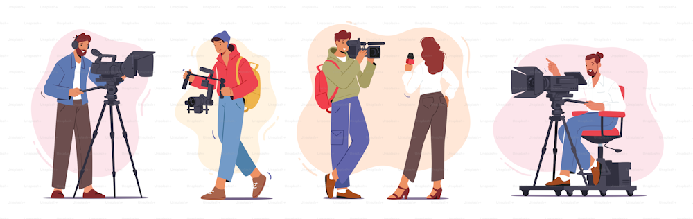 Set of Professional Videographer and Journalist Characters Record Video or Movie on Camera. Mass Media Industry Profession, Tv Show, Program or Breaking News Broadcasting. Cartoon Vector Illustration