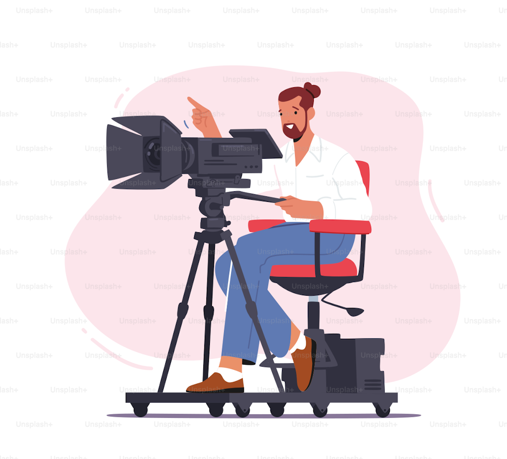 Professional Videographer Male Character Sitting on Special Platform with Camera Record Video or Movie Isolated on White Background. Mass Media Tv Show, Program Broadcast. Cartoon Vector Illustration