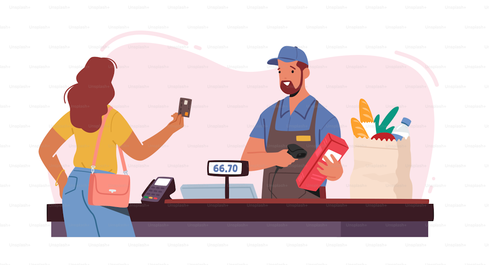 Noncontact Payment Concept. Female Customer Character Stand in Supermarket Prepare Credit Card for Cashless Online Paying. Woman Buy Food on Cashier Desk in Store. Cartoon People Vector Illustration