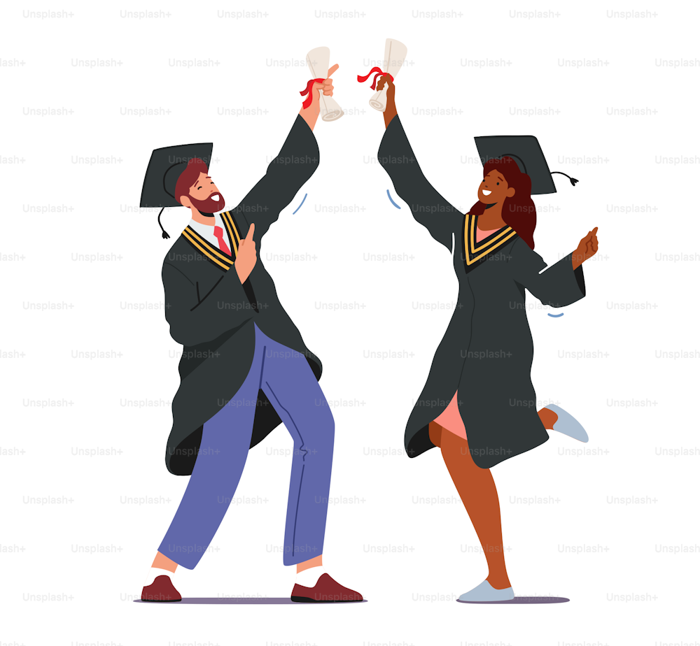 Male and Female Alumnus Characters Graduating University, College or School. Cheerful Graduates People in Academical Cap and Gown Rejoice with Diploma Certificate. Cartoon People Vector Illustration