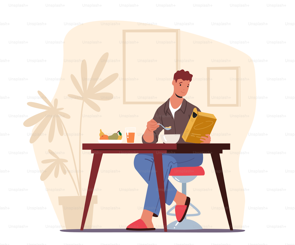 Young Man in Pajama and Slippers Have Breakfast at Home Sitting at Table Drinking Juice and Eating Dry Snack. Male Character Morning Everyday Routine, Lifestyle. Cartoon Vector Illustration