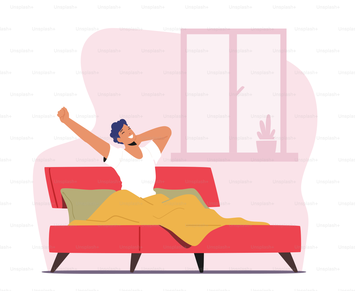 Young Man Waking Up at Morning in Good Mood. Awaken Happy Male Character Stretching Body Sitting on his Bed after Getting Up in Bedroom. Human Everyday Routine, Lifestyle. Cartoon Vector Illustration