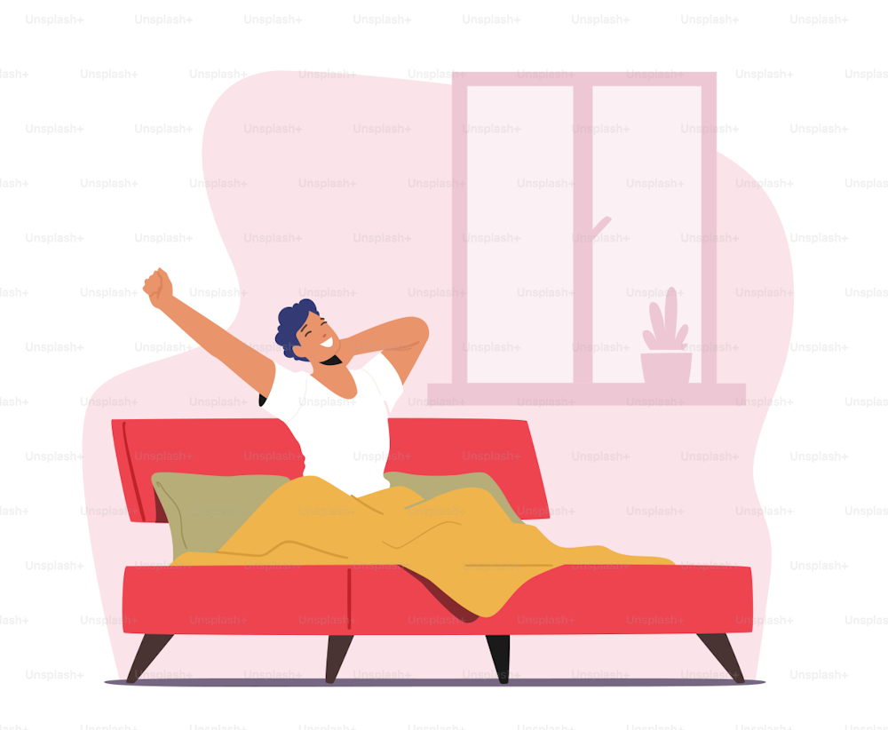 Young Man Waking Up at Morning in Good Mood. Awaken Happy Male Character Stretching Body Sitting on his Bed after Getting Up in Bedroom. Human Everyday Routine, Lifestyle. Cartoon Vector Illustration