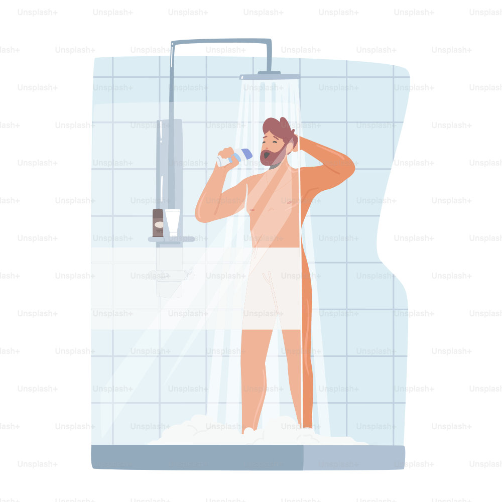 Mann singt in der Dusche, nackt glücklich männlicher Charakter Baden Hygiene Waschverfahren Stellen Sie sich als Sänger mit Shampooflasche als Mikrofon vor. Person beim Duschen. Cartoon-Vektor-Illustration