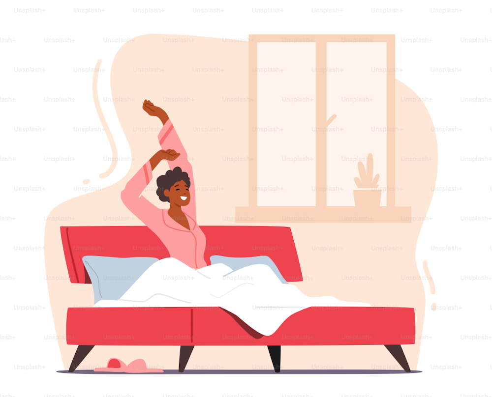 Human Everyday Routine, Lifestyle. Young Woman Wake Up at Morning in Good Mood. Awaken Happy Female Character Stretching Body Sitting on Bed after Getting Up in Bedroom. Cartoon Vector Illustration