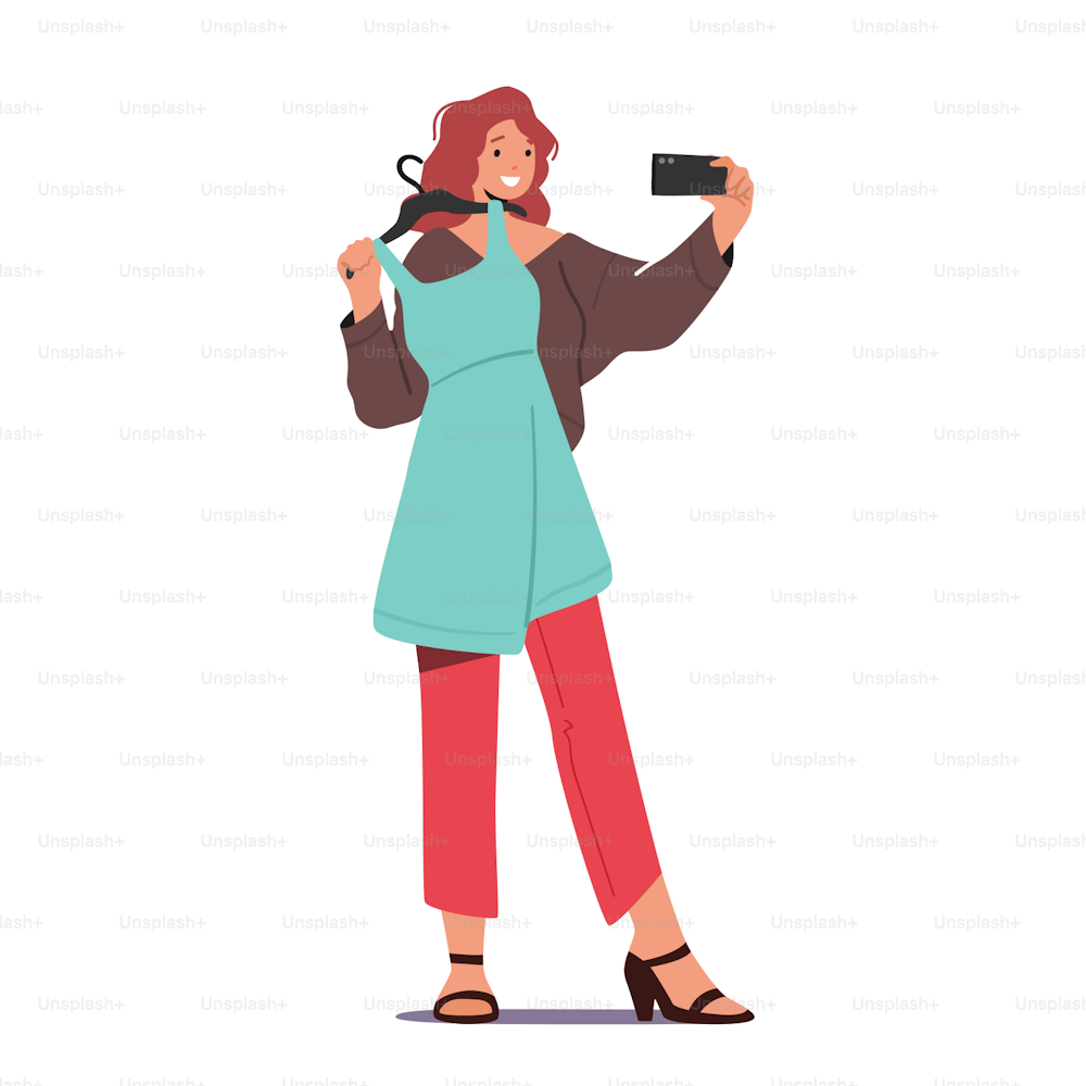 Female Character Shoot herself in Dress in Store to get Personal Fashion Stylist Advice while Choose Stylish Clothes. Woman Chatting with Consultant Online via Smartphone. Cartoon Vector Illustration