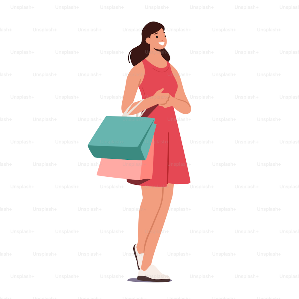 Cheerful Shopaholic Girl with Purchases in Colorful Paper Bags. Happy Woman Use Personal Fashion Stylist Service, Female Buyer Fun, Doing Shopping, Seasonal Sale, Discount. Cartoon Vector Illustration