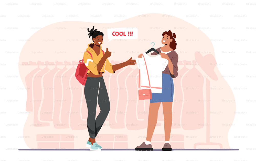 Professional Shopper Female Character and Personal Fashion Stylist Visit Apparel Store to Choose Stylish Clothes. Woman Chatting with Consultant of Garment Design. Cartoon People Vector Illustration