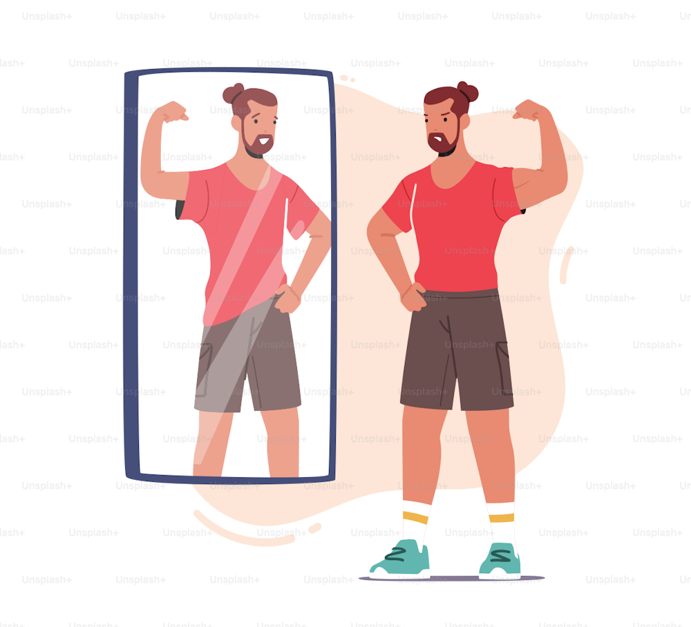 Male Character need Psychological Help, Low Self Esteem, Loathing and Anger Concept. Angry Athlete Man Show Muscles to Mirror Sees Weak Skinny Reflection of his Body. Cartoon Vector Illustration