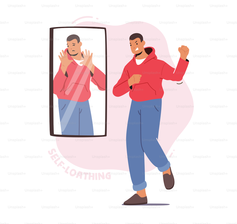 Male Character need Psychological Help, Mind Health Problem, Low Self Esteem, Loathing and Anger Concept. Angry Unhappy Man Waving Fists on Frightened Reflection in Mirror. Cartoon Vector Illustration