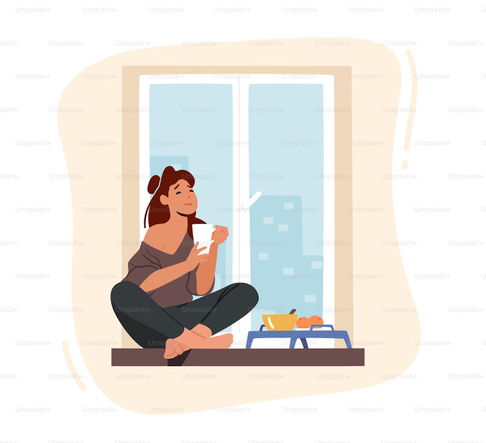 Desayuno de chicas, relajación en casa. Mujer joven sentada en el alféizar de la ventana con taza, bebiendo café con frutas por la mañana mirando por la ventana. Rutina de chicas, tiempo libre. Ilustración vectorial de dibujos animados
