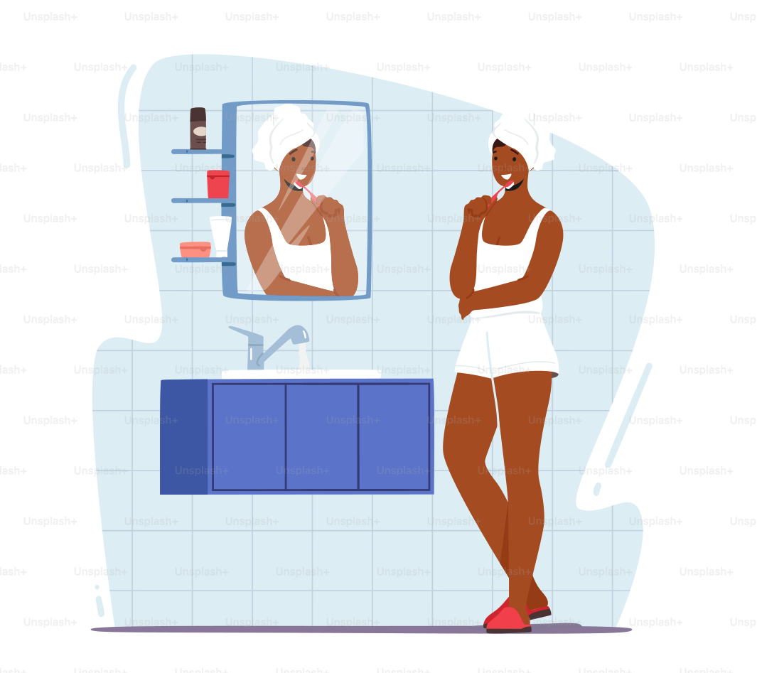 Femme se brossant les dents. Procédure d’hygiène du personnage féminin dans la salle de bain. Jeune fille adorable en tenue de nuit debout devant le miroir et le lavabo, appliquant la routine quotidienne. Illustration vectorielle de bande dessinée