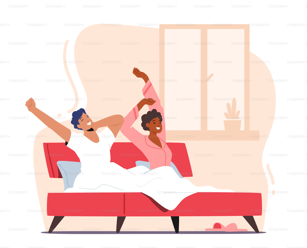 People Everyday Routine, Couple Lifestyle. Young Man and Woman Wake Up at Morning, Awaken Happy Characters Stretching Body Sitting on Bed after Getting Up in Bedroom. Cartoon Vector Illustration