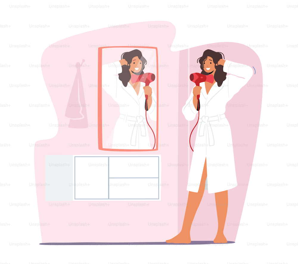 Every Day Routine Concept. Morning Hygiene Procedure in Bathroom. Young Adorable Woman Stand in front of Mirror Drying Wet Hair with Hairdryer after Having Bath or Shower. Cartoon Vector Illustration