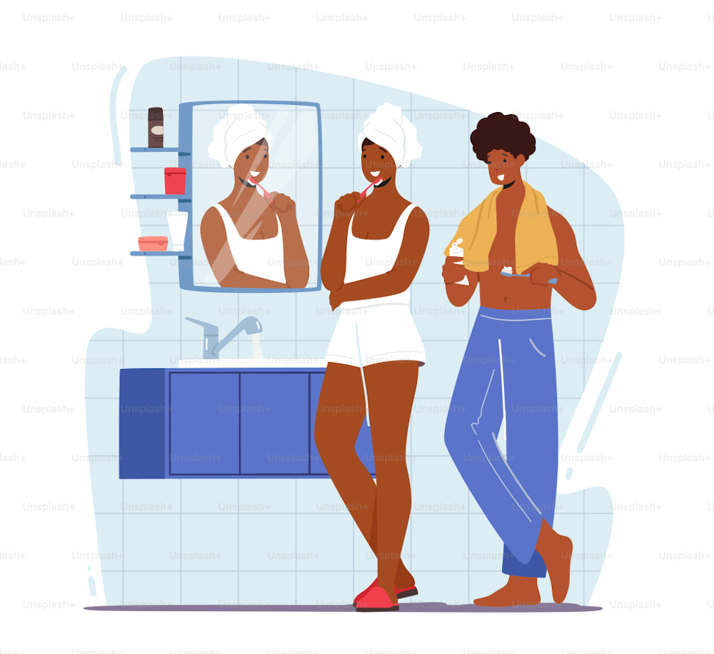 Young Woman and Man Stand front of Mirror in Bathroom and Brushing Teeth after Bath or Shower, Couple Characters Morning Hygiene Procedure, Toothbrushing Routine. Cartoon People Vector Illustration