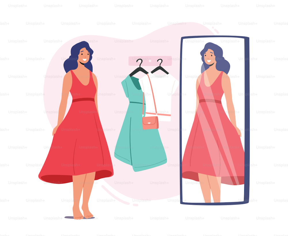Junge weibliche Figur, die Kleidung in der Umkleidekabine des Ladens anprobiert, Frau in neuem Kleid steht in der Kabine mit Spiegel und Kleiderbügeln in einem modischen Bekleidungsgeschäft. Einkaufen Freizeit. Cartoon-Vektor-Illustration