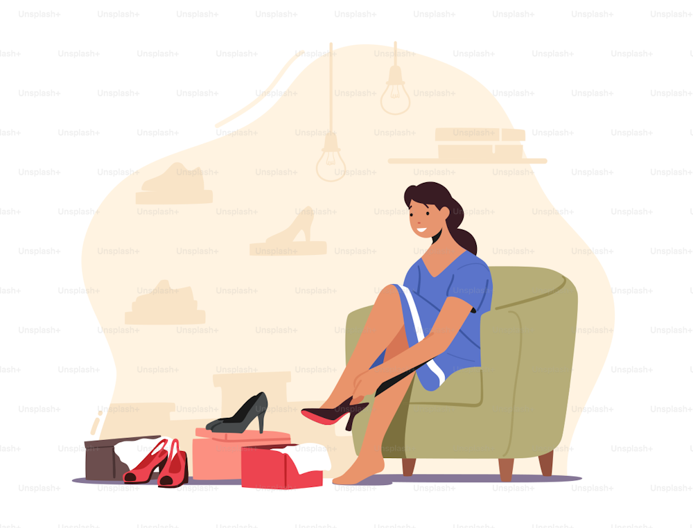Young Woman Trying on Shoes on Heel Sitting on Couch with Carton Boxes with Footgear around. Customer in Store, Girl Choose and Fitting Footwear in Market or Shopping Mall. Cartoon Vector Illustration