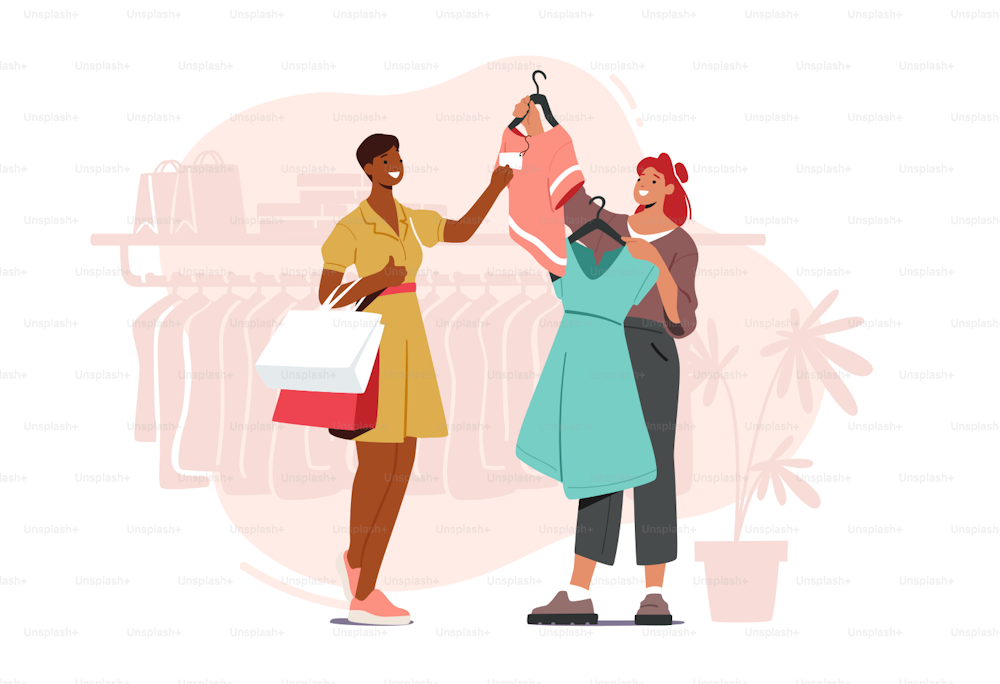 Young Woman Choosing Fashioned Dress in Store, Sales Woman Assistant Offer Garment of New Collection Stand near Hanger. Female Character Shopping Spare Time Hobby. Cartoon People Vector Illustration