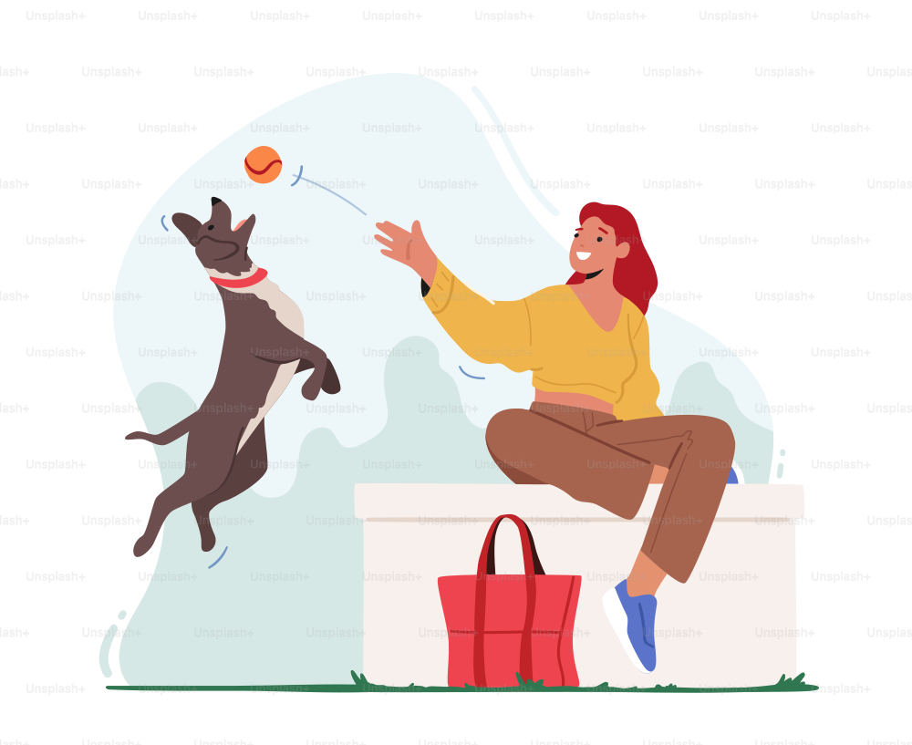 Female Character Playing Ball with Pet Spending Time at Summertime City Park. Leisure, Communicating with Home Animal in Park. Woman Walking with Dog Outdoors, Relaxing. Cartoon Vector Illustration