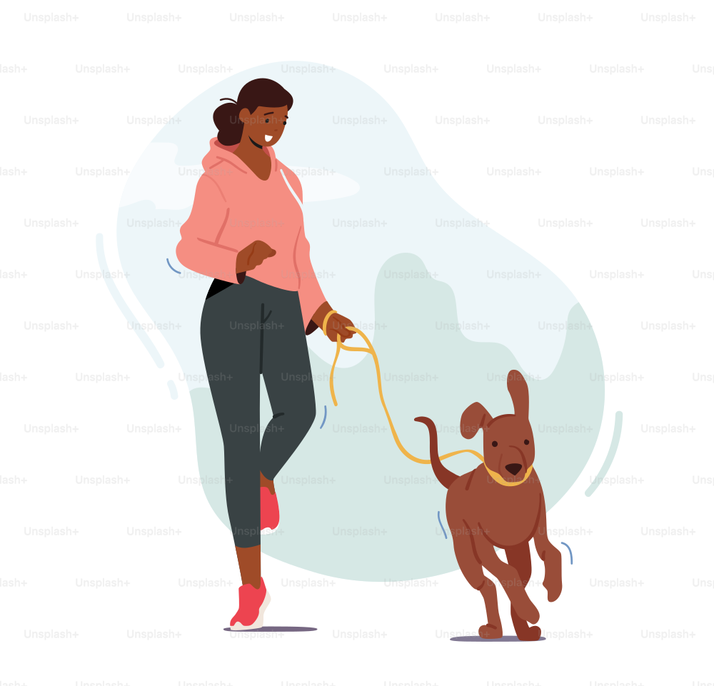 屋外で犬と一緒に歩く女の子、おかしなペットと一緒に走る女性キャラクター、運動する女性、子犬と朝のジョギング。リラックス、レジャー、家の動物とのコミュニケーション。漫画のベクターイラスト