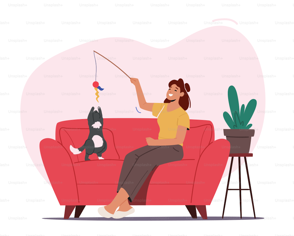 Love, Care of Animals, Woman and Pet Concept. Female Character and Cat Play with Toy Sitting on Couch in Living Room at Home. Leisure, Communication with Kitten. Cartoon People Vector Illustration