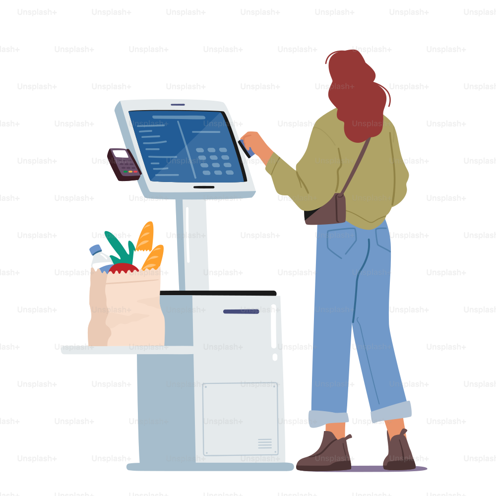 Contactless Payment, Contemporary Technologies. Female Character in Supermarket Stand at Checkout Self Service with Pos Terminal for Cashless Paying for Grocery Purchases. Cartoon Vector Illustration